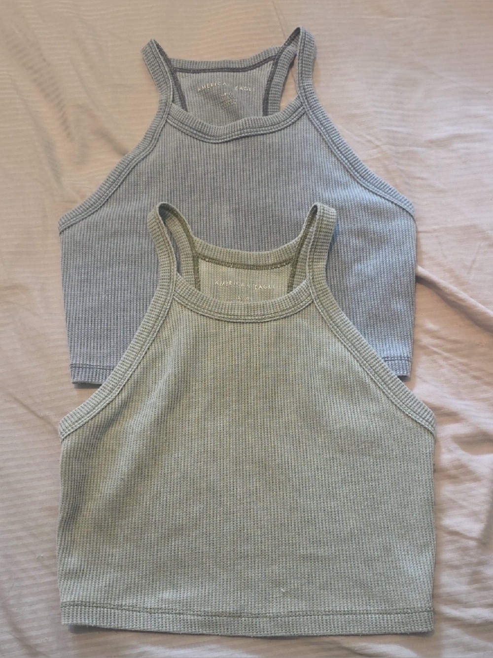 American Eagle Ribbed Halter Tank Crop Tops in Sage and Gray Size S